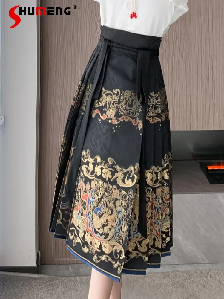 Jupe mi-longue visage de cheval de style chinois pour femmes, jupes courtes Hanfu modifiées, taille haute, automne et hiver, nouveau, 2023