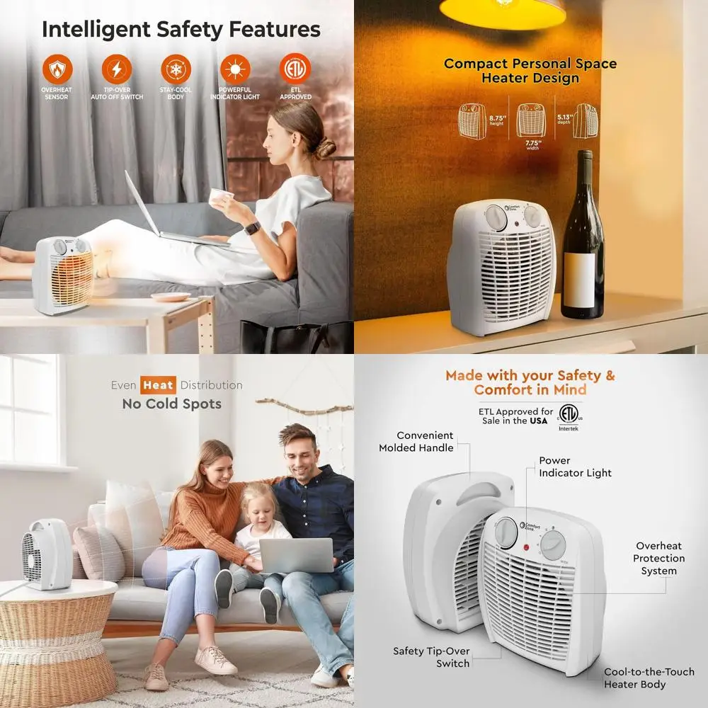 

Портативный электрический тепловентилятор 750/1500 Вт с регулируемым термостатом, функциями безопасности и дизайном с охлаждающим покрытием для дома и офиса