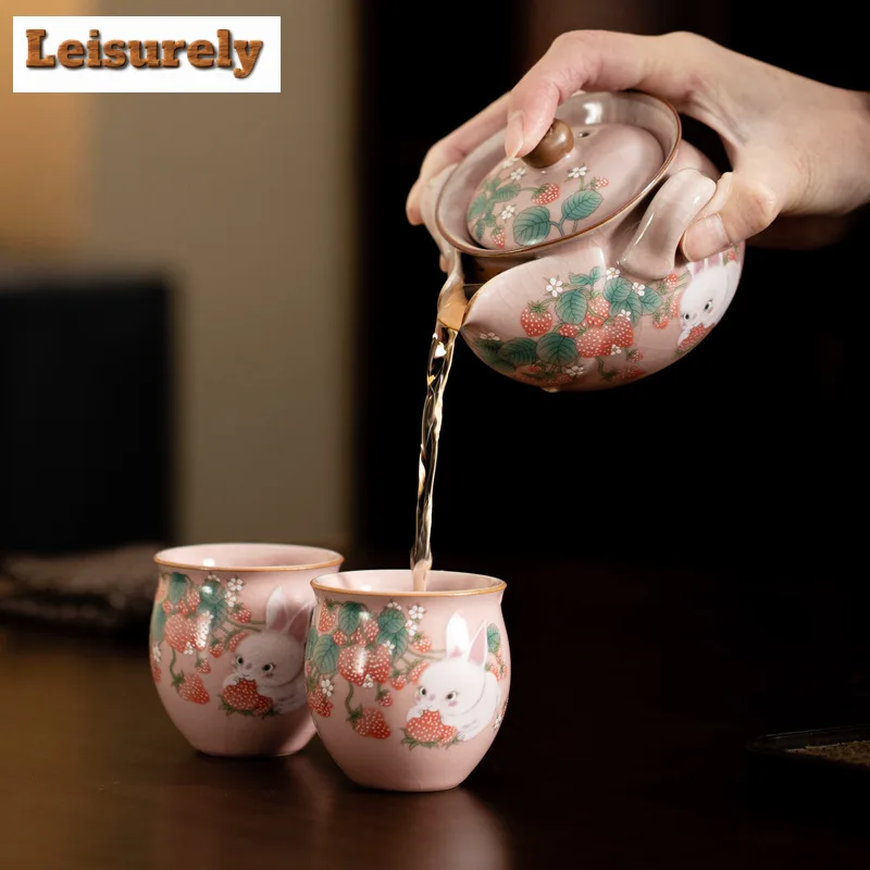 200ml Japanese Ru Kiln Hand Grab Gaiwan Boutique Strawberry Rabbit Tea Tureen Tea Maker Cover Bowl Kung Fu Tea Items Ornaments