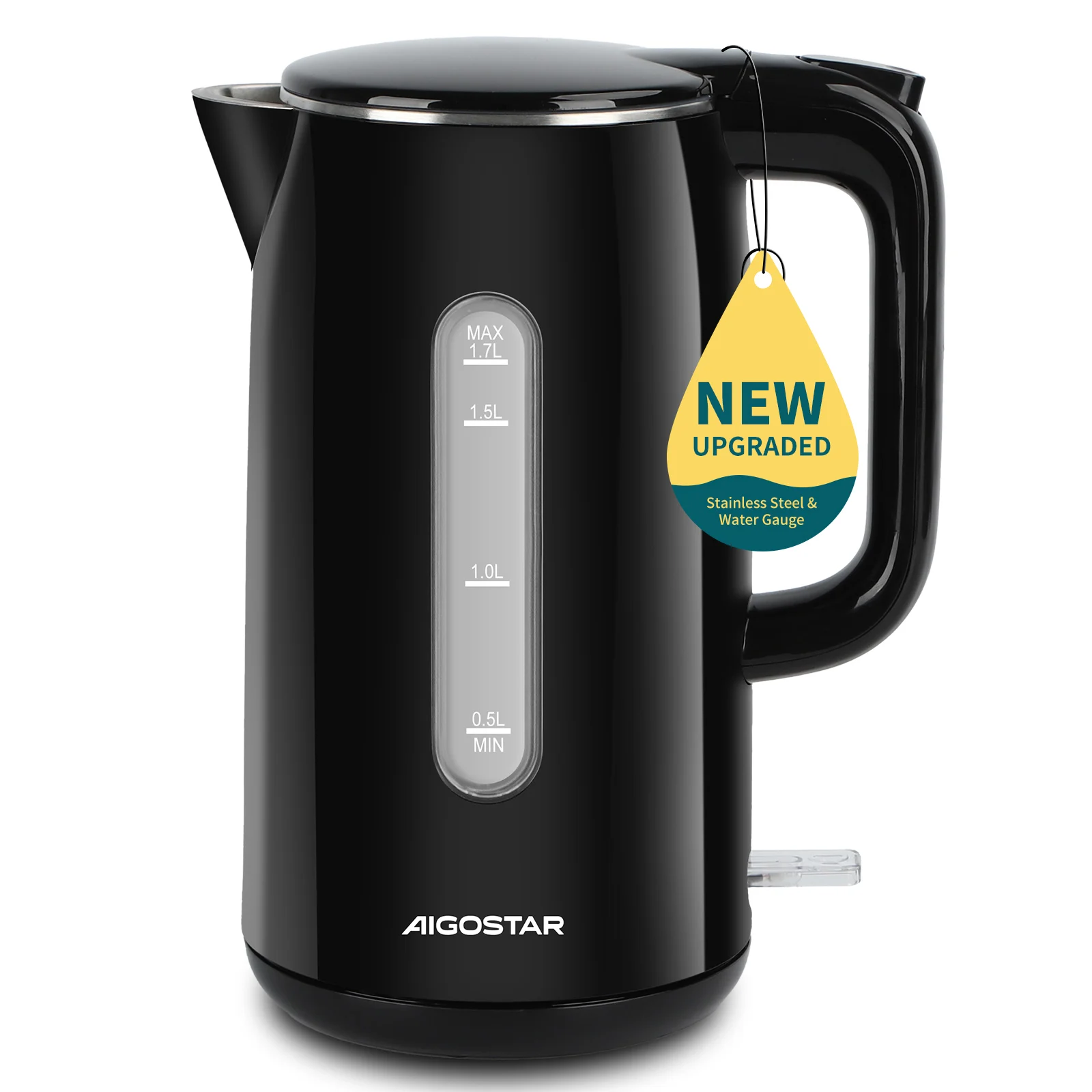غلاية ستانلس ستيل 1.7 لتر مع مؤشر مستوى الماء، تسخين سريع 4 دقائق حتى 100 ° ج، غلاية كهربائية سوداء