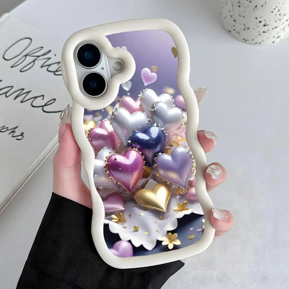 

Shining Heart Phone Case for iPhone 17 16 15 14 13 12 11 Air Pro Max Plus White Soft TPU Wavy Edge Cover
