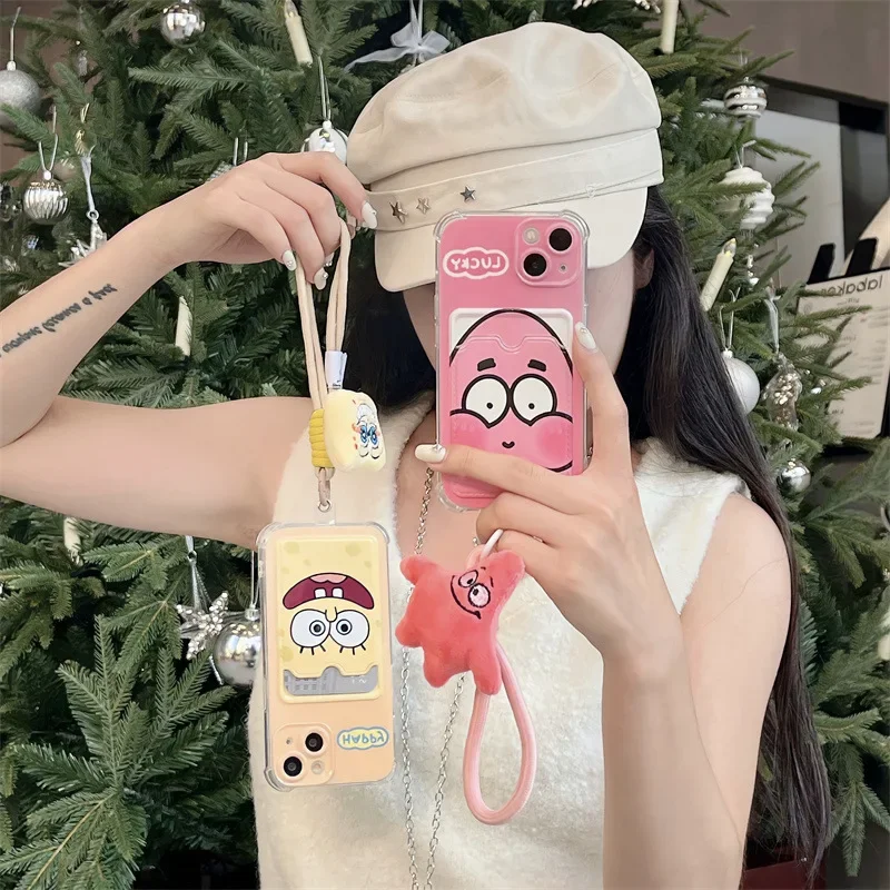 SpongeBob Patrick Star Case for IPhone 15 11 12 Pro Max Strap Lanyard Case for IPhone 15promax 14pro 13 12 11 Promax Case Cover