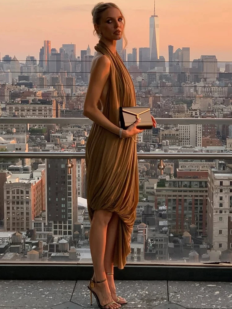 Sisterlinda Coquette Ruched Halter Dress Women Deep v-Neck Backless Sleeveless Sexy Elegant Prom Cocktail Party Stretch Bodycon