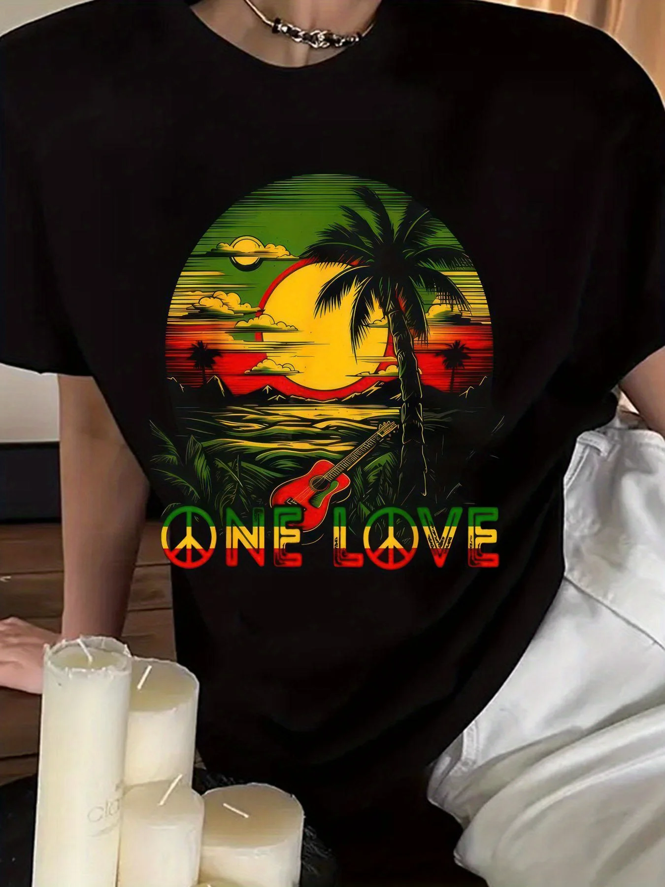 Reggae Music Guitar Jamaica Reggae Sunset-Shirt Summer Outfits Women Shirts Women Graphic Tees Women