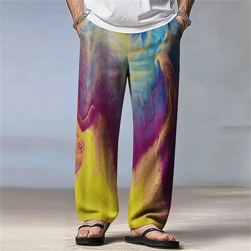 Men's Tie-Dye Printed Casual Straight-Leg Pants Plus-Size Loose-Fit Men's Wide-Leg Pants with Drawstring Sweatpants Long Pants