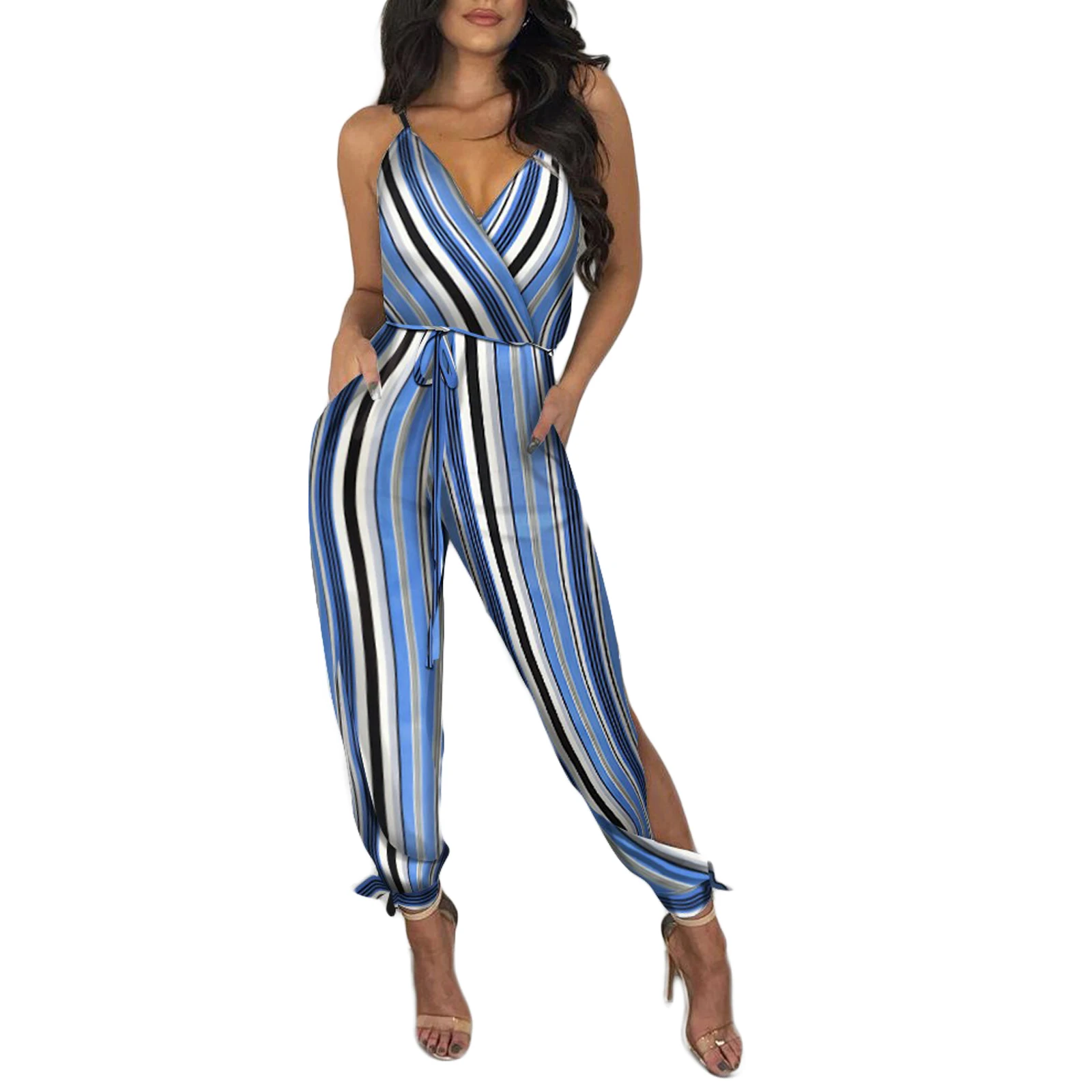 

2023 Brand Summer Women's Sexy Jumpsuit Slit Design Peacock Feather Print Pattern Deep V Neck Sleeveless Overalls Belt Jumpsuit