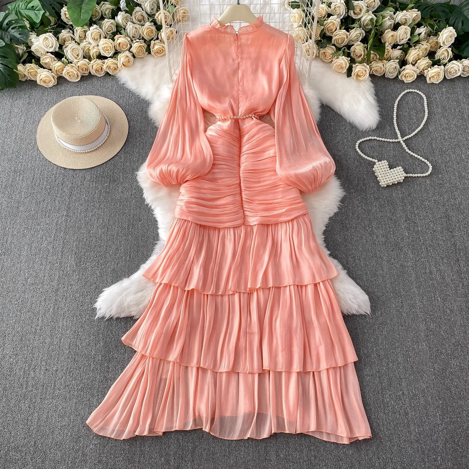 Elegant Autumn Ruffles Long Sleeve Maxi Mermaid Dress Women Hollow Out Casual Satin Fishtail Cake Dresses Prom Evening Vestidos