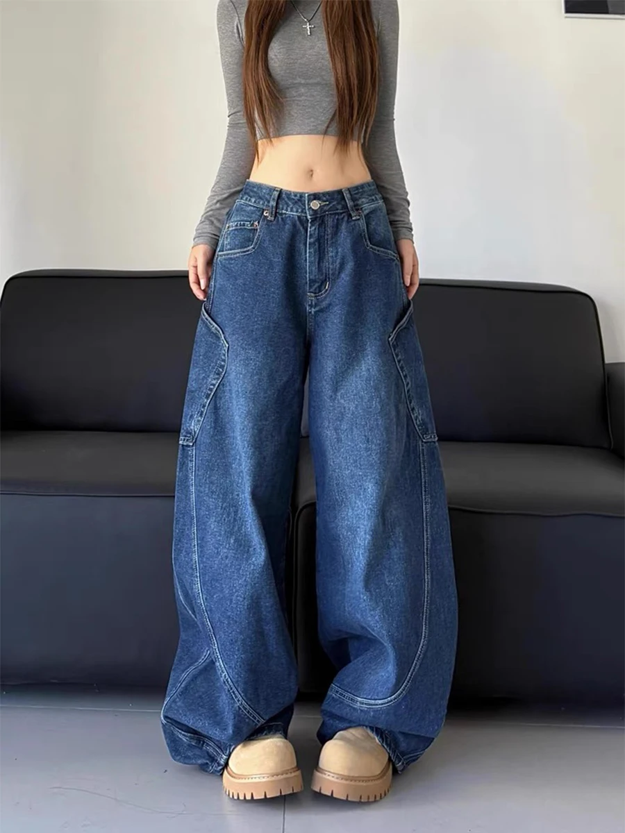 

Джинсы женские больших размеров с высокой талией, свободного кроя, в американском стиле, из денима, для весны и осени, для фигуры типа «груша», прямые, с широкими штанинами