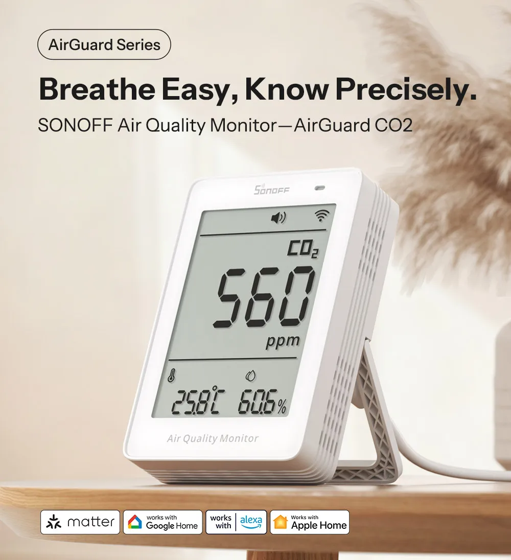 SONOFF AirGuard CO2 Matter Over WiFi Luftqualitätsmonitor SAWF-08P Temperatur-Feuchtigkeitsmesser Ton- und Lichtalarm Historische Daten – Detail 1