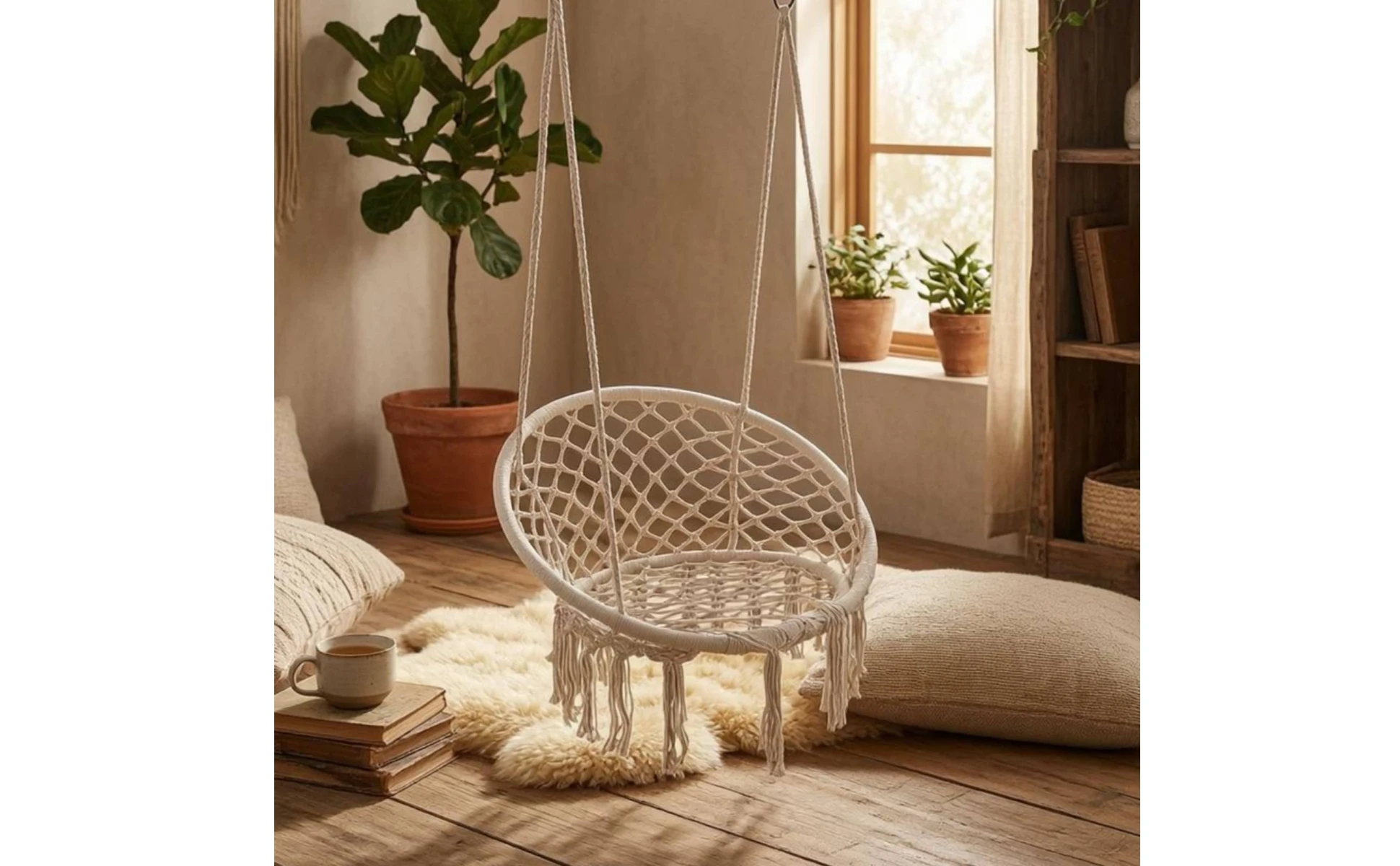 Macrame Chair Airy Lattice Cotton Rope Hanging Chair Home Furniture Oval Frame Single-Color
