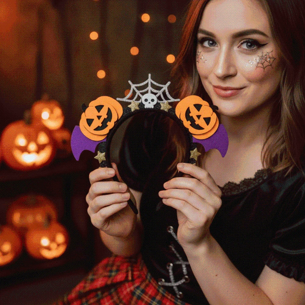 Felt Pumpkin Headband Purple Batwing Glitter Stars Halloween Hairband Silver Cobweb Flexible Bat Wings Hair Hoop Parade
