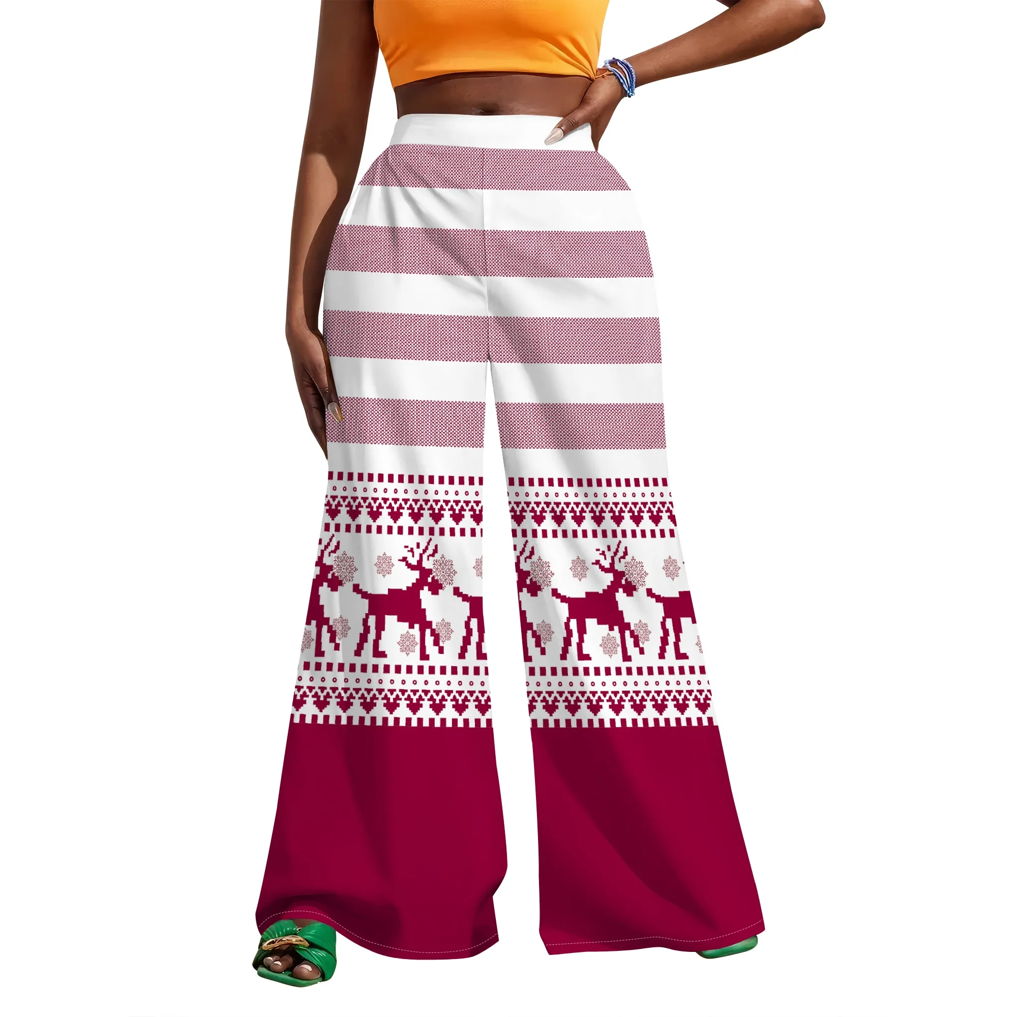 Denim Patch Pocket Print High Waist Wide Leg Pants for Women Vintage Casual Trousers