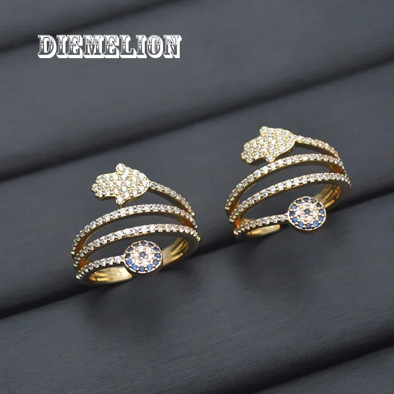 Luxury Gold Color Evil Eye Blue Eye Hamsa Hand Fatima Hand Adjustable Female Rings Open Size Three Layer CZ Ring Wedding Jewelry