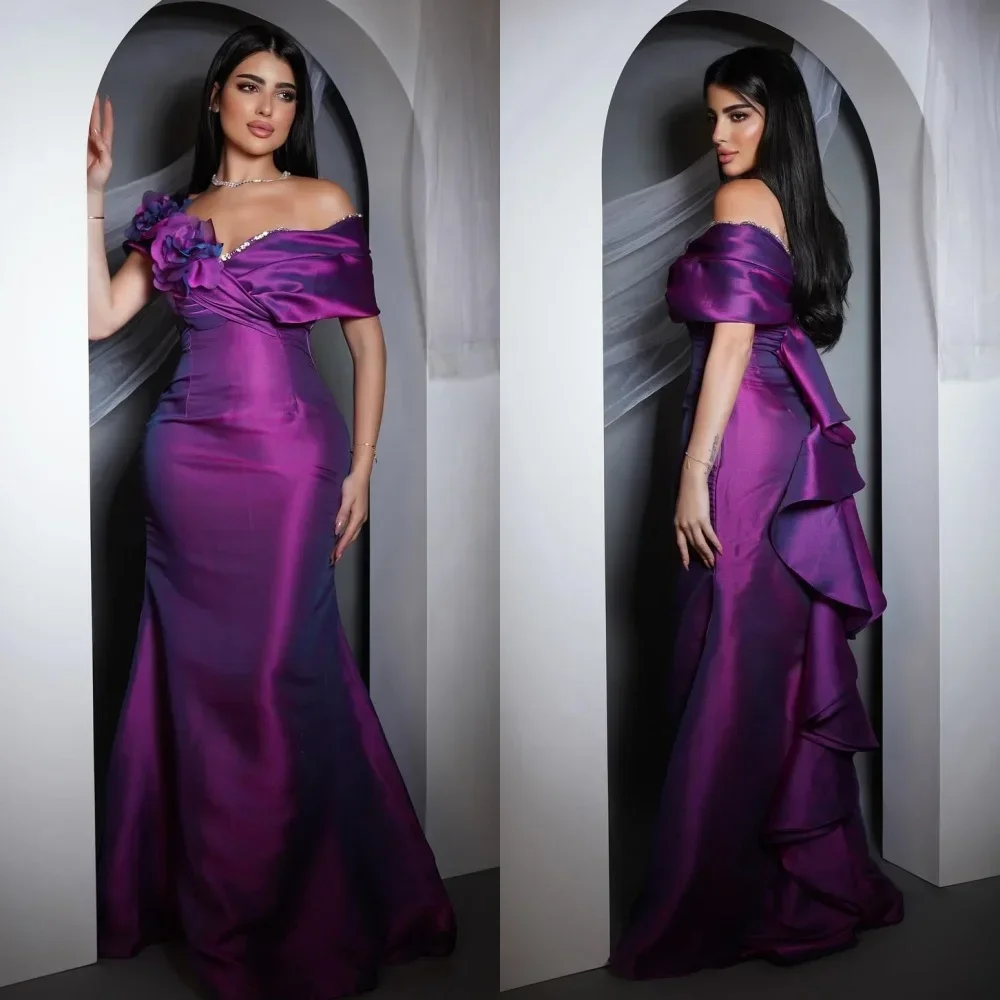 

Yipeisha Satin Sequined Flower Ruched Women Sexy Mermaid Prom Dresses Formal Evening One Shoulder Purple Side Slit Party Gowns