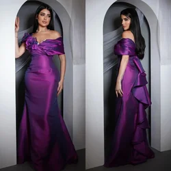 Customized Satin Sequined Flower Ruched Women Sexy Mermaid Prom Dresses Formal Evening One Shoulder Purple Side Slit Party Gowns