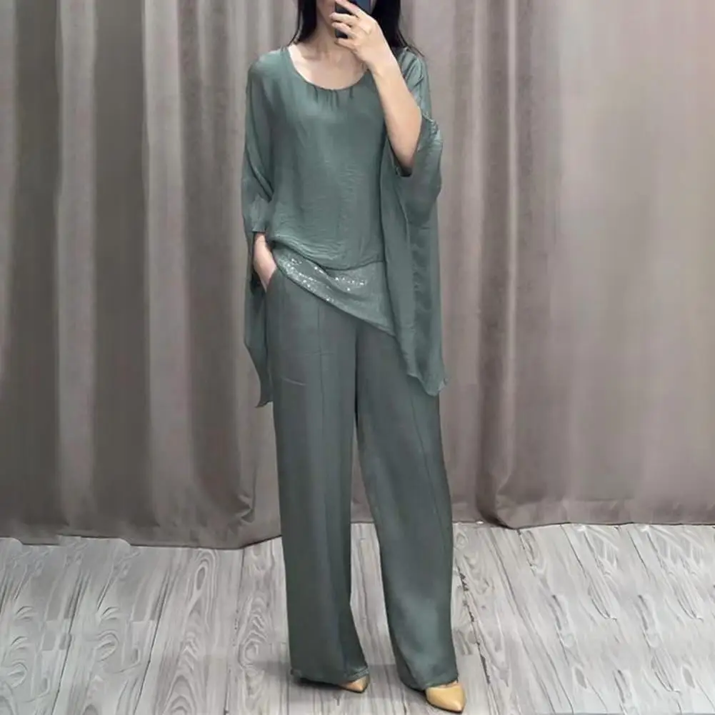 Double-layer Top Suit Stylish Women\'s Casual Suit with Wide Leg Pants Batwing Sleeve Top for Home Office Party Outfits Stylish