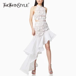 TWOTWINSTYLE Hollow Out Patchwork Appliques Chic Dress For Women Stand Collar Sleeveless High Waist Irregular Hem Dresses Female