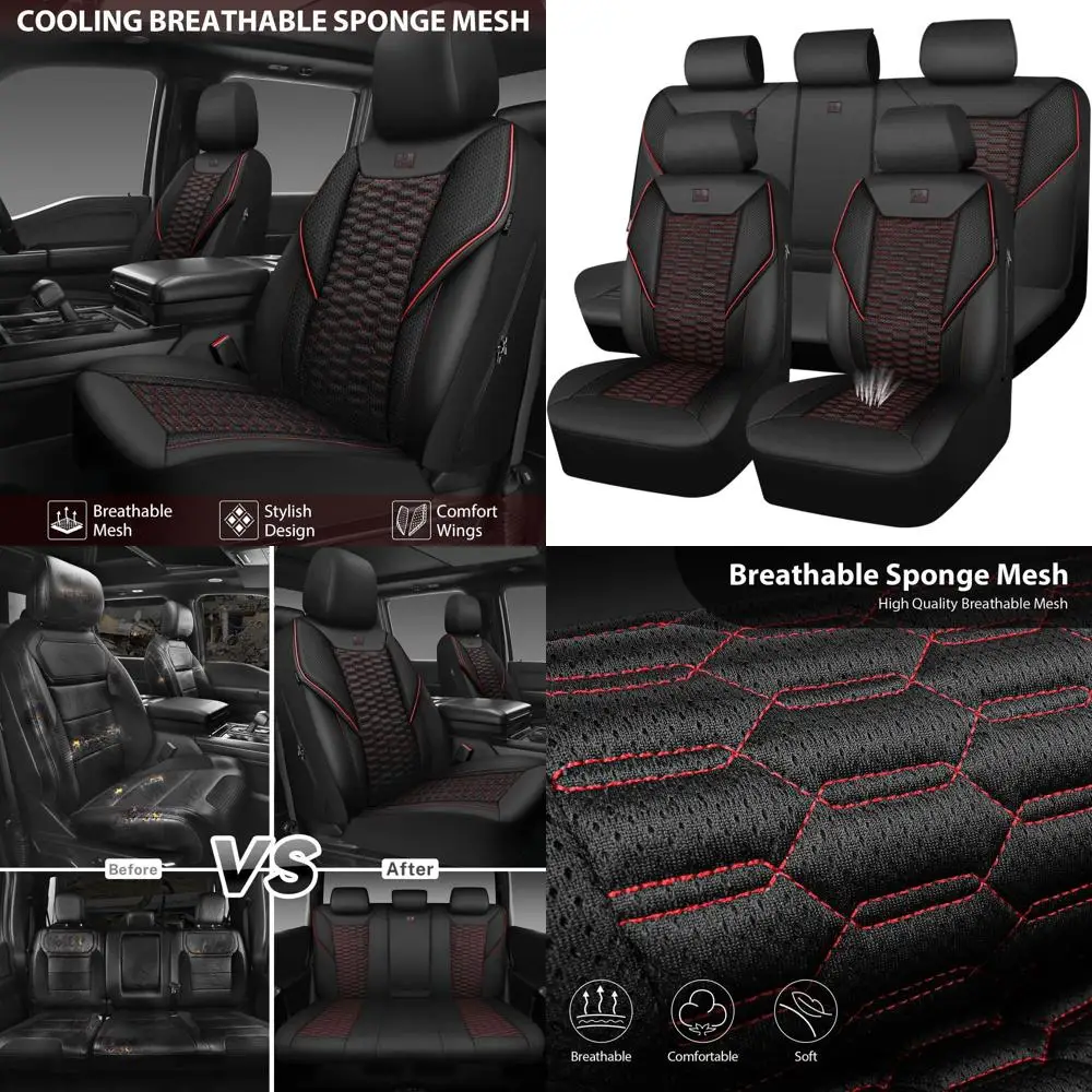 

Universal Fit 3D Mesh Leather Car Seat Covers, Breathable Faux Leather for SUV, Truck, Sedan, Airbag Compatible, Black & Red