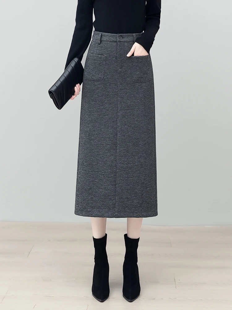 

Женская шерстяная юбка с высокой талией, осенне-зимняя новинка, средней длины, прямого кроя, юбка-карандаш, утолщенная, из полиэфирного волокна