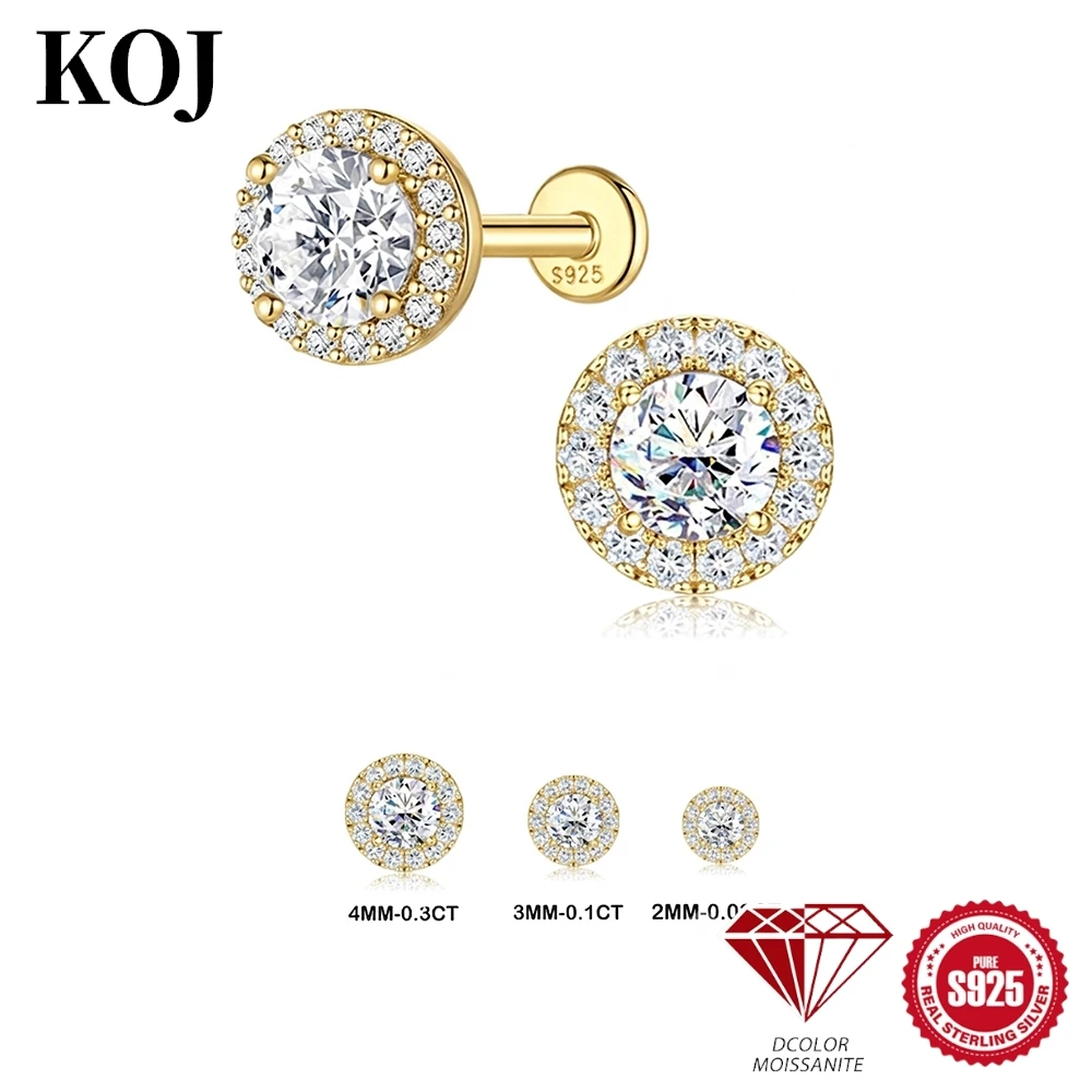 KOJ 1PC S925 Silver Classic Moissanite Stud Earring 3/6 Prong Round For Women Elegant Daily Wedding Hypoallergenic Jewelry Gift
