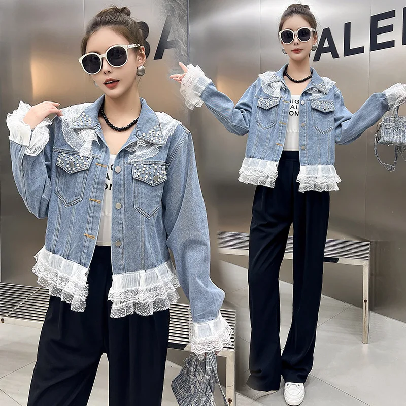 

Весенне-осенняя новая модная женская джинсовая куртка с кружевом, простое короткое женское пальто с бусинами для ногтей