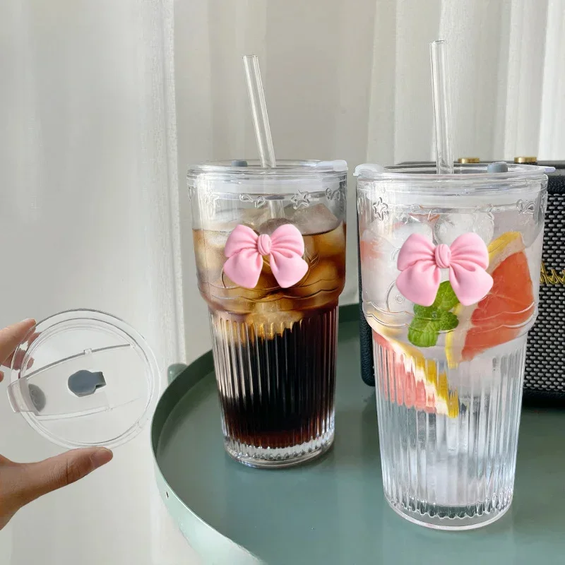 

600ml Stripe Glass Cup with Lid and Straw Transparent Drinking Glasses for Juice Water and Iced Coffee Cups Drinkware Mug