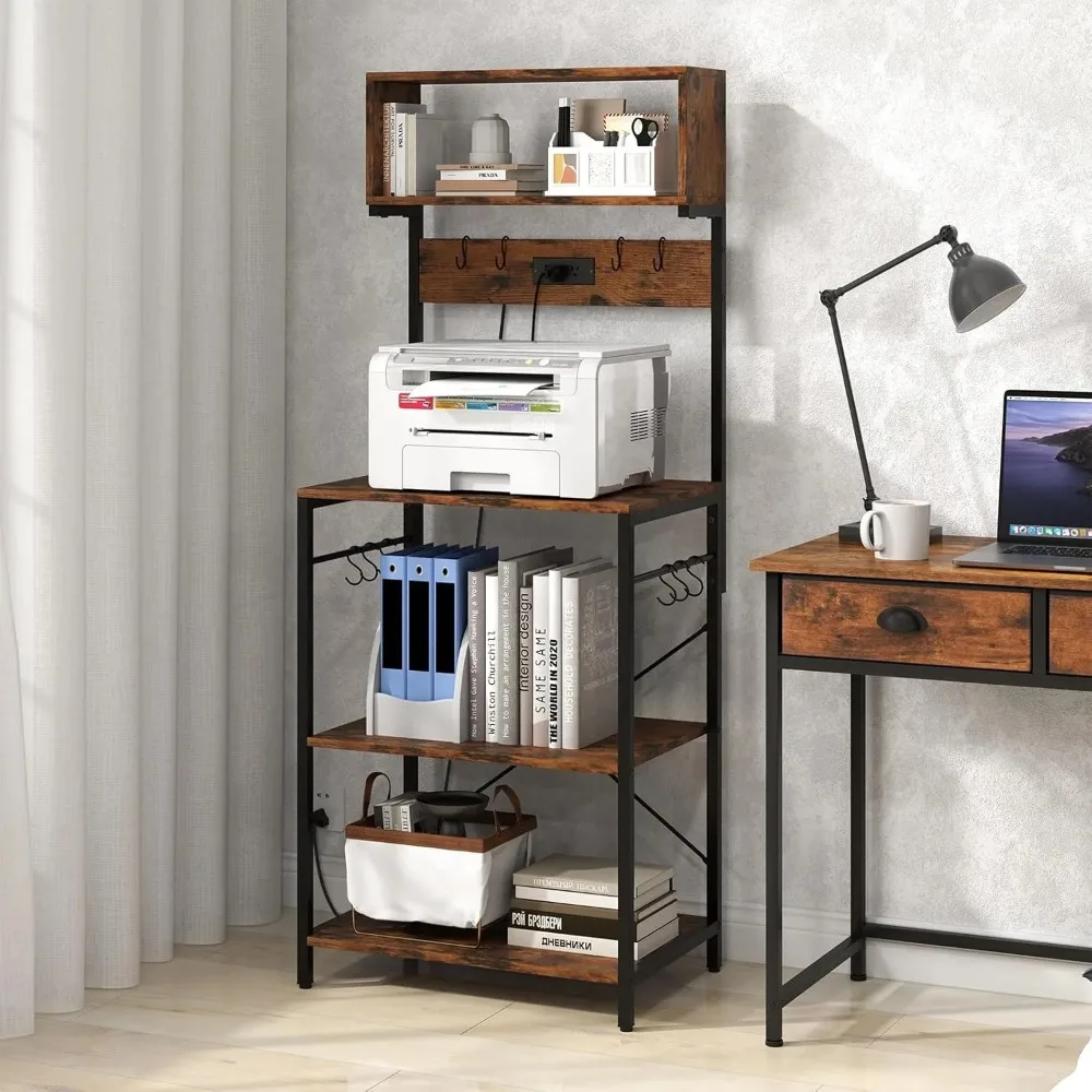 Baker’s Rack with Power Outlet, 5-Tier Microwave Stand with Open Shelves & 10 Hanging Hooks, 60” Tall Coffee Bar Station fo - view 5