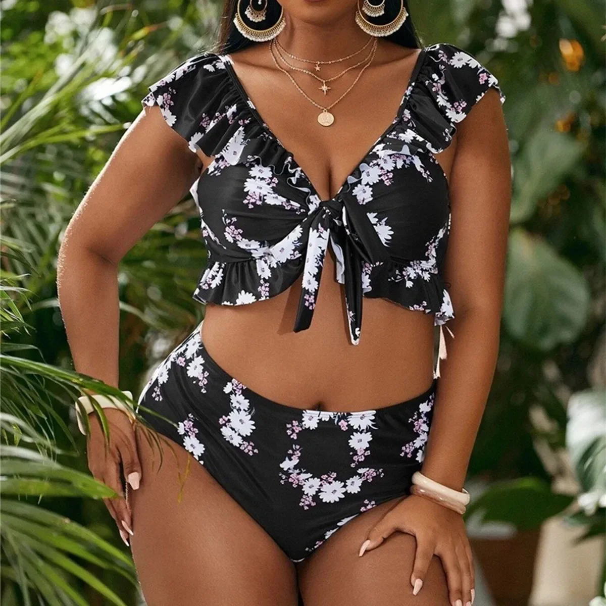 2022 Women Bikinis Set Swimwear Plus Size High Waist Floral Swimsuit Larges Big Plussize Swimming Suits Bathing Beachwear New