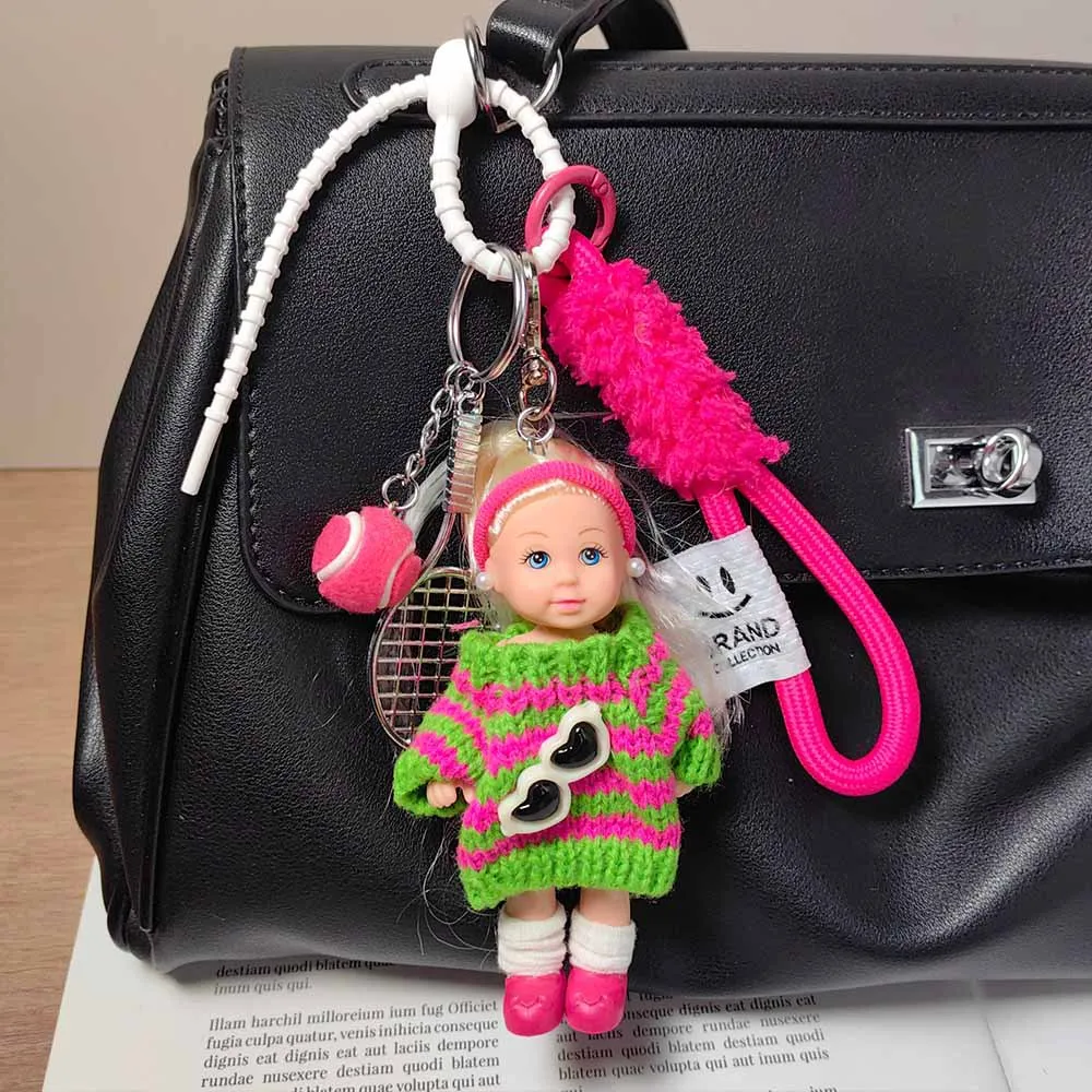 

INS wind cute simulation pink green striped clothes doll pendant, rose red tennis keychain, girls' Valentine's Day bag pendant