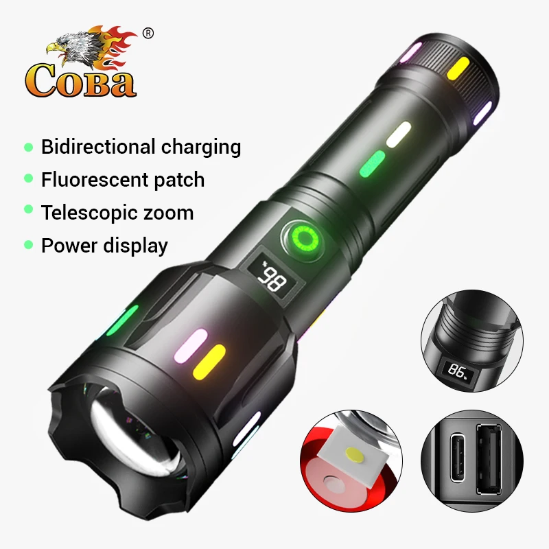 High Power Spotlight Long Range LED Flashlight Fluorescent Absorbing Film Luminous Colorful Zoom Flashlight Camping Emergency