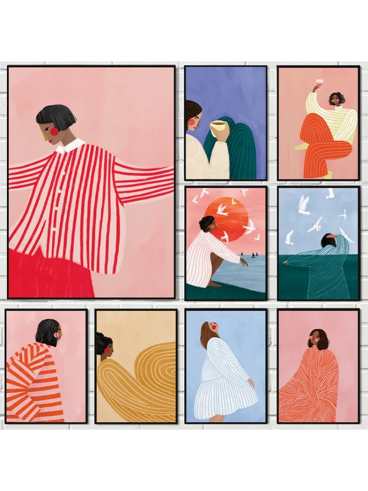 Toile imprimée à rayures rouges et roses pour femmes, lignes minimalistes, illustration de Portrait le plus petit, affiches artistiques pour décoration de salon et de maison