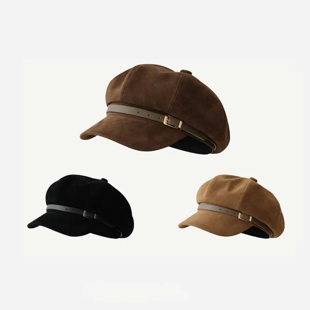 

Personality British Style Pu Leather Beret Brown Belt Buckle Suede Octagonal Hat Newsboy Cap Artist Hat Painter Hat Girl