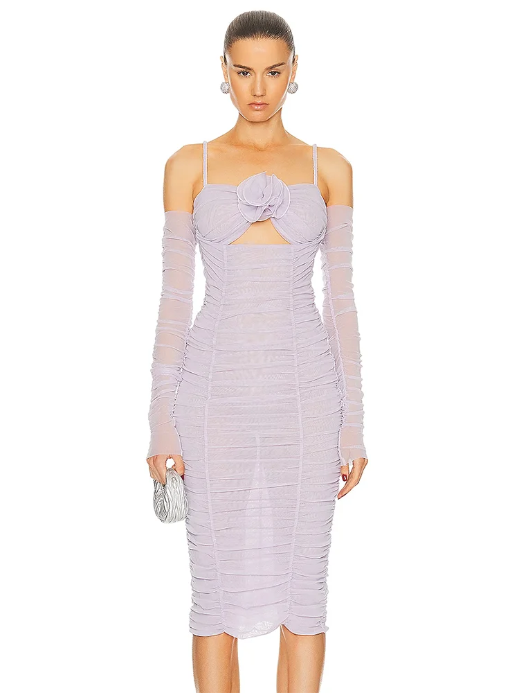 VC Party Dresses For Women Beautiful Flower Lavender Mesh Draped Spaghetti Strap Midi Dress With Gloves