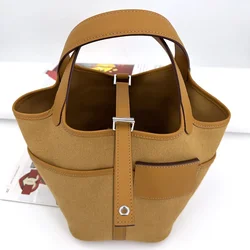 Canvas Vegetable Basket Women's Bag Water Bucket Bag 18cm Combination Genuine Leather Head Layer Cowhide Fashion New Versatile