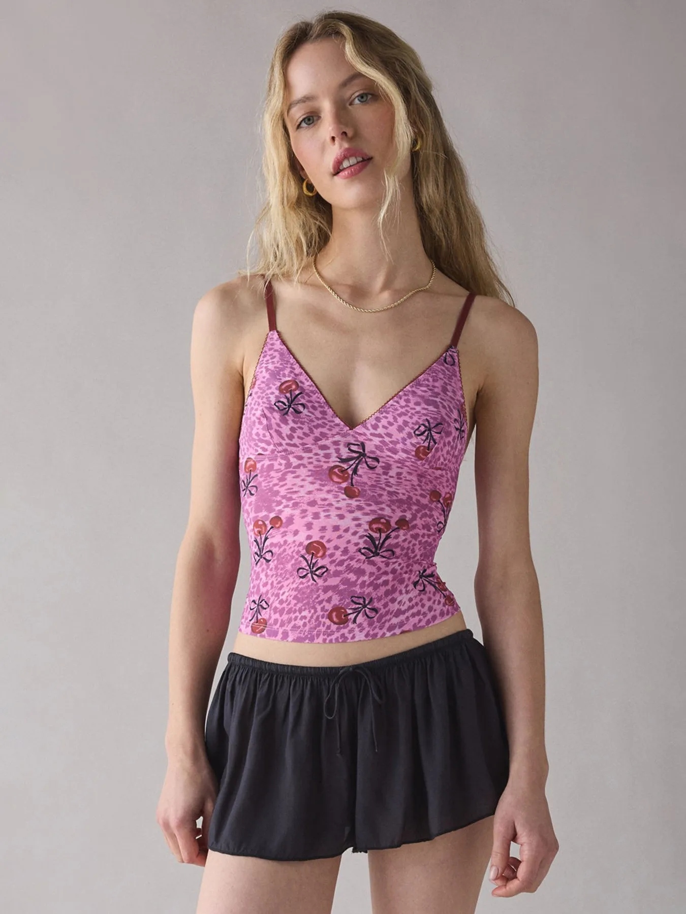 Y2K Damen Sommer Camisole mit Spitze, Spaghettiträgern, Kirschdruck, ärmelloses Top, bauchfreies rosa Weste-Oberteil in Beige