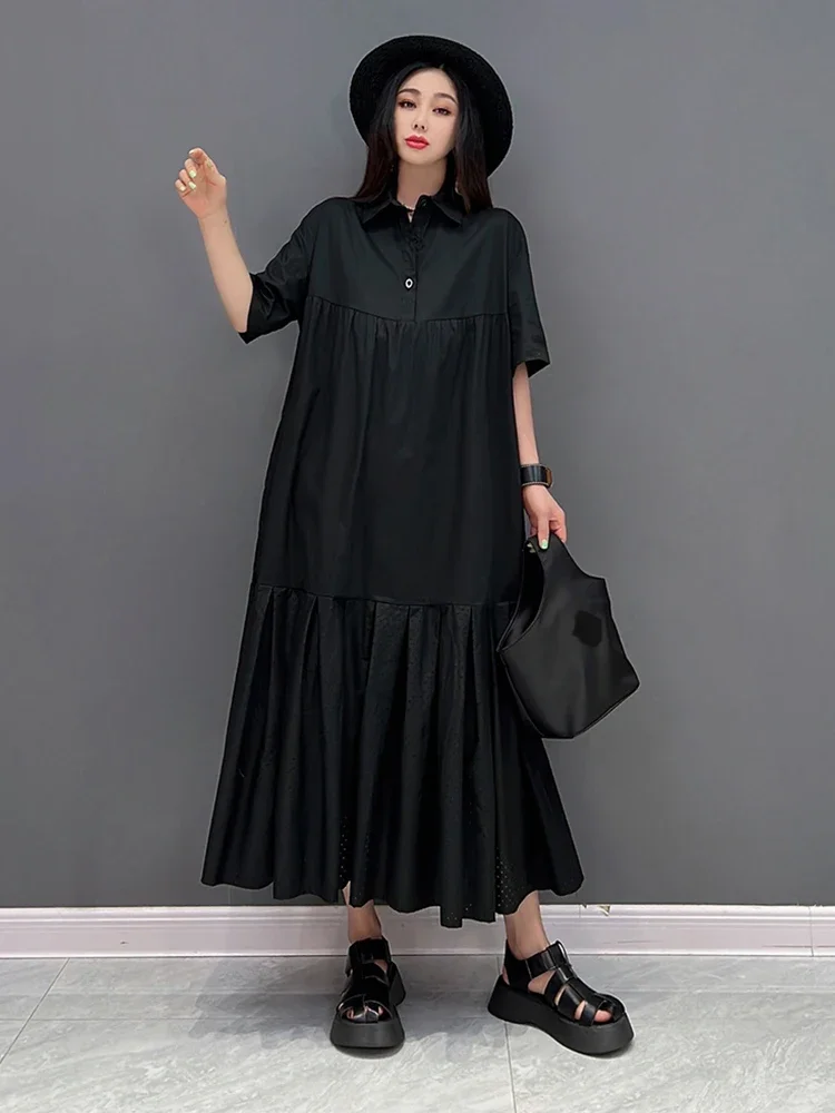 

XITAO Solid Casual Dress Women Korea Summer New Arrival Personality Fashion Loose Turn-down Collar Short Sleeve Dress WMD6614