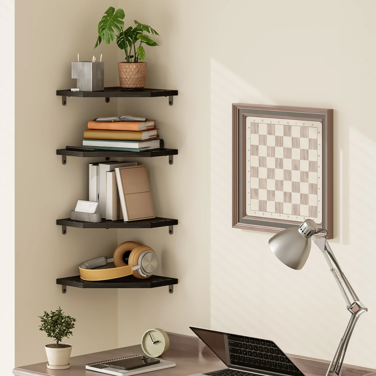 Whonline schwebende Eckregale, 2/4er-Pack, aus Holz und MDF, zur Wandmontage, als Aufbewahrungsregal und Bücherregal für Wohnzimmer, Schlafzimmer, Küche und Büro, platzsparend, einfache Montage.