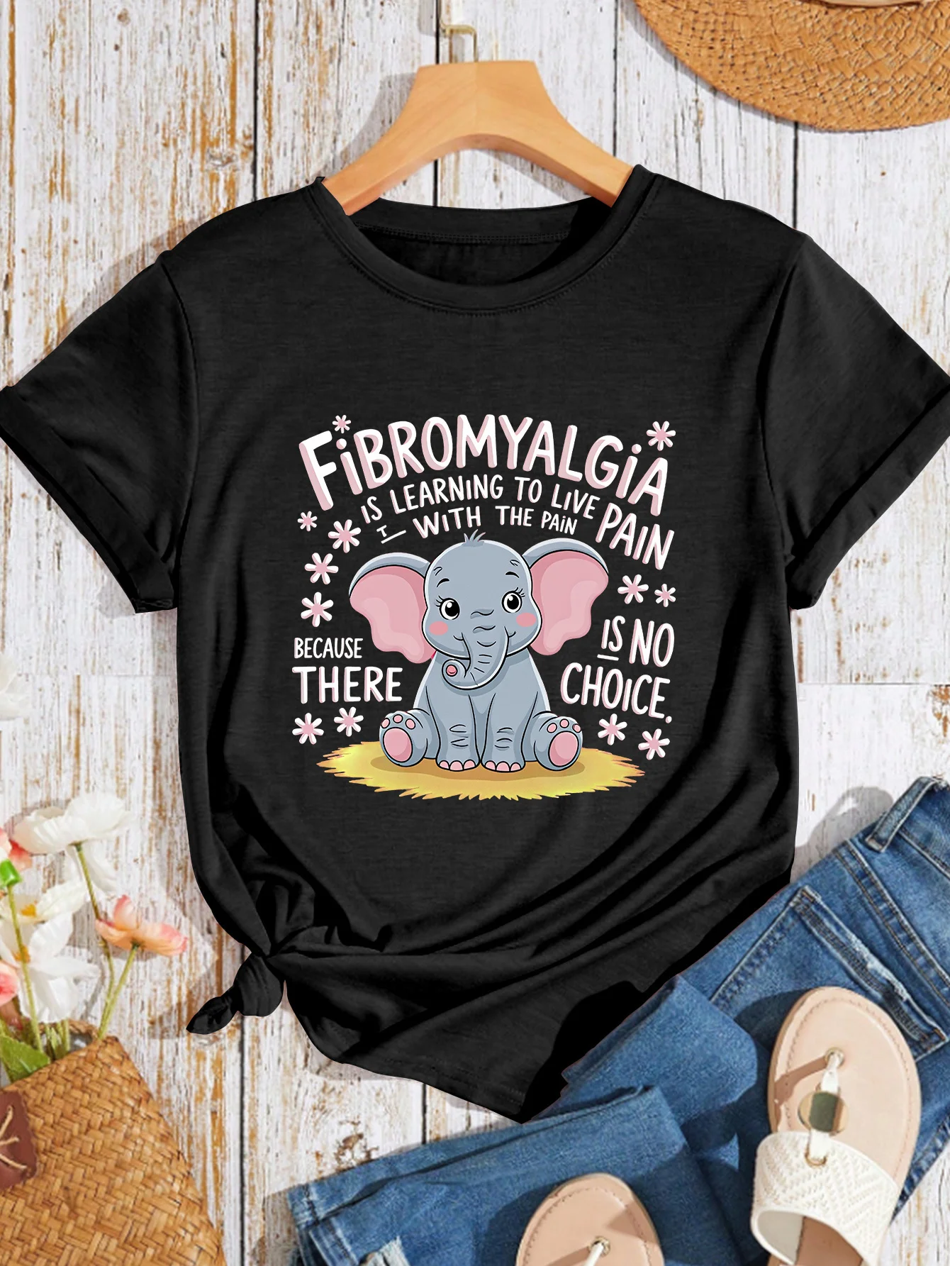 T-shirt élégant et décontracté pour femme, col rond, imprimé éléphant (charité fibromyalgie), style minimaliste et personnalisé, idéal pour l'été