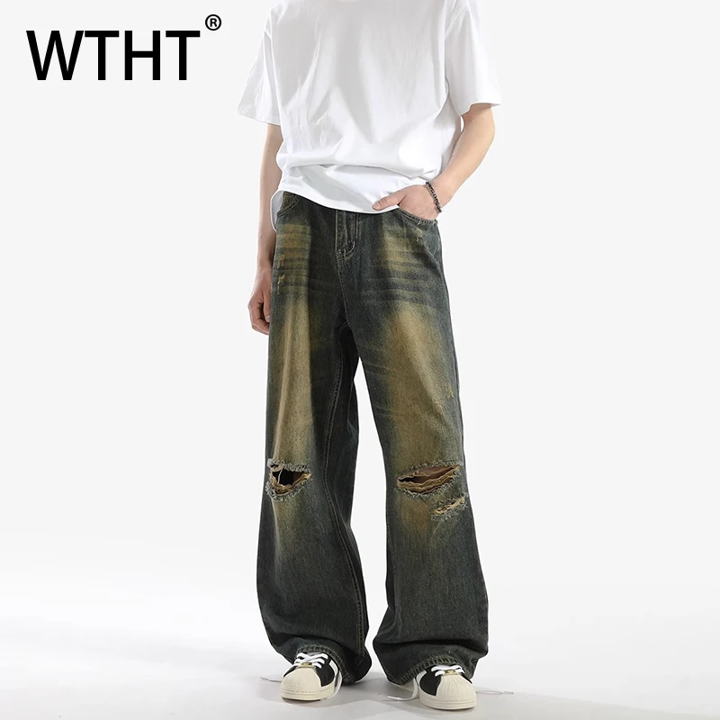 

WTHT Vintage 2025 Summer Men's Gradient Hole Do Old Design Denim Pants Fashion American Style Loose Straight Jeans Male 2A1136