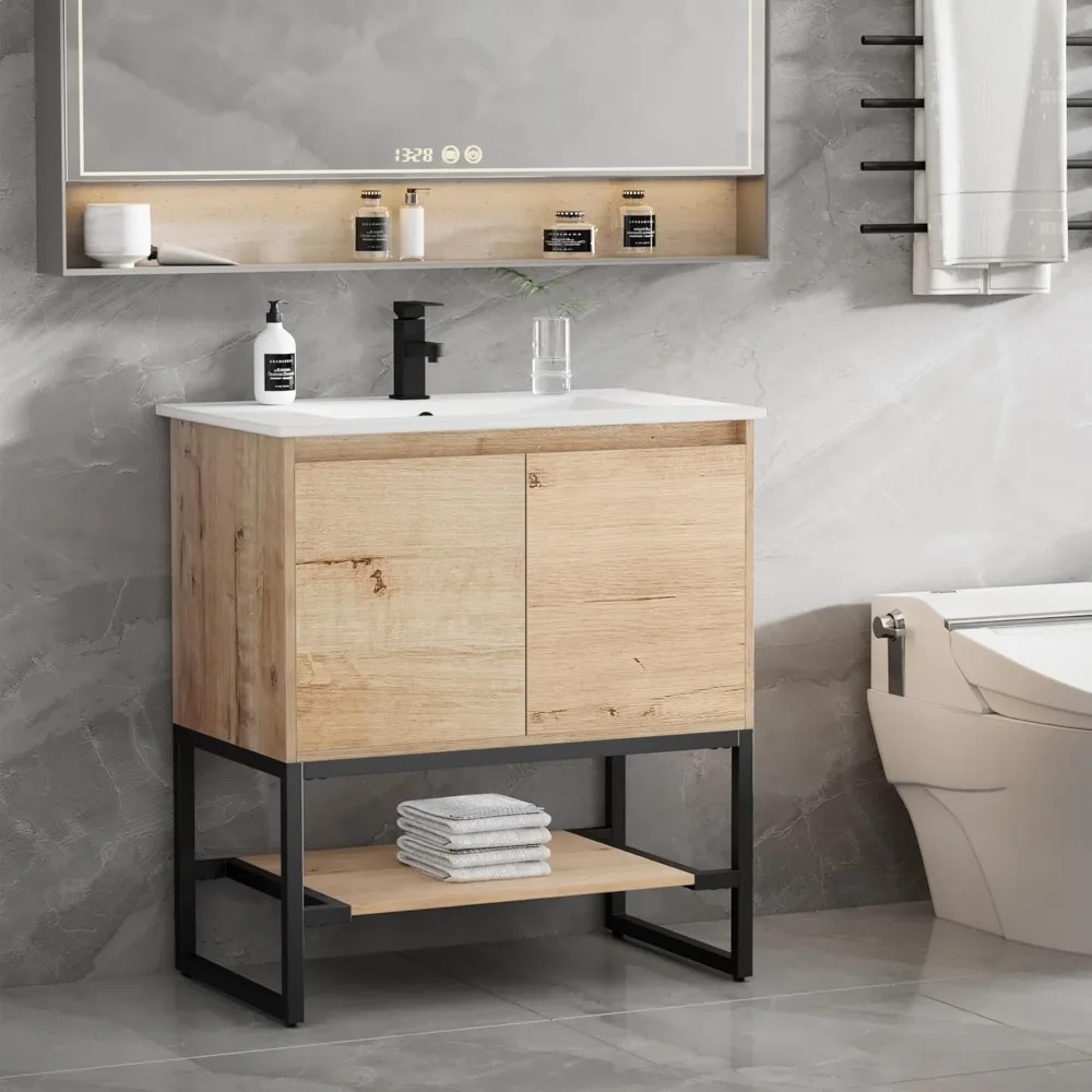 Bathroom Vanity Sink Combo,Bathroom Storage Cabinet Includes Built-in Power Socket, Frame, Matte Faucet and 2 Soft-Closing Door