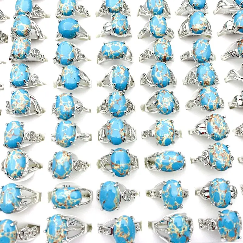 10PCs/pack Retro Stone Rings For Women Silver Plated Fashion Trendy Jewelry Party Gifts Mix Styles Wholesale