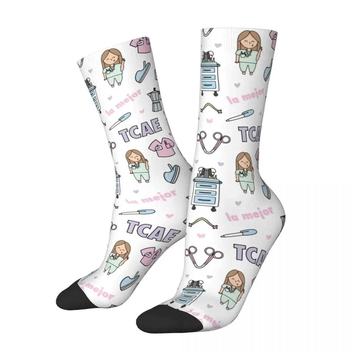 Śliczne kobiety lekarz pielęgniarka skarpetki Enfermera En Apuros akcesoria kreskówki damskie pielęgniarki Merch skarpetki graficzne pończochy przez cały sezon