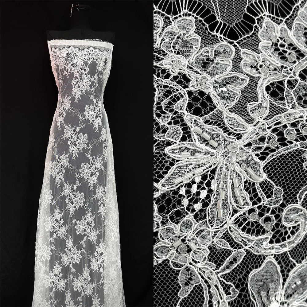 

2026 Luxury Lace African 3meters High-Quality White French 3D Flower Sequins Embroidery Beads Tulle Lace Fabric for Party Dress