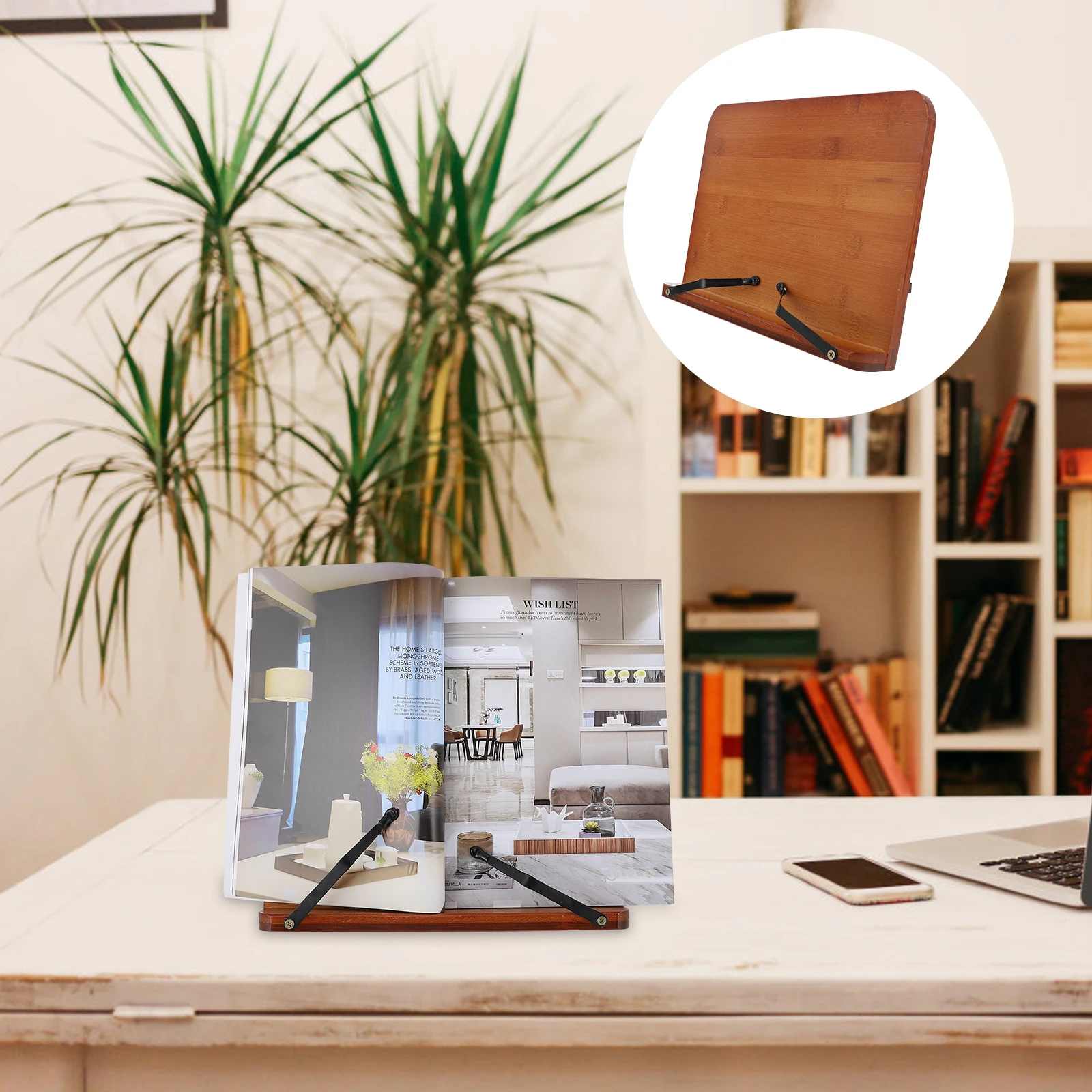 

1pc Simple Bamboo Desktop Bookshelf Multifunctional Reading Stand Laptop Holder Home Office Use Space-Saving Book Rack