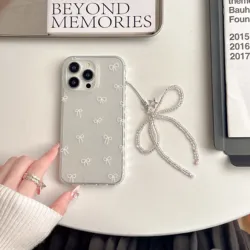 Simple white bow phone case stand holder cover for iphone 13 15promax 13pro 15 pro max 11 14 12 ins transparent bracelet capa