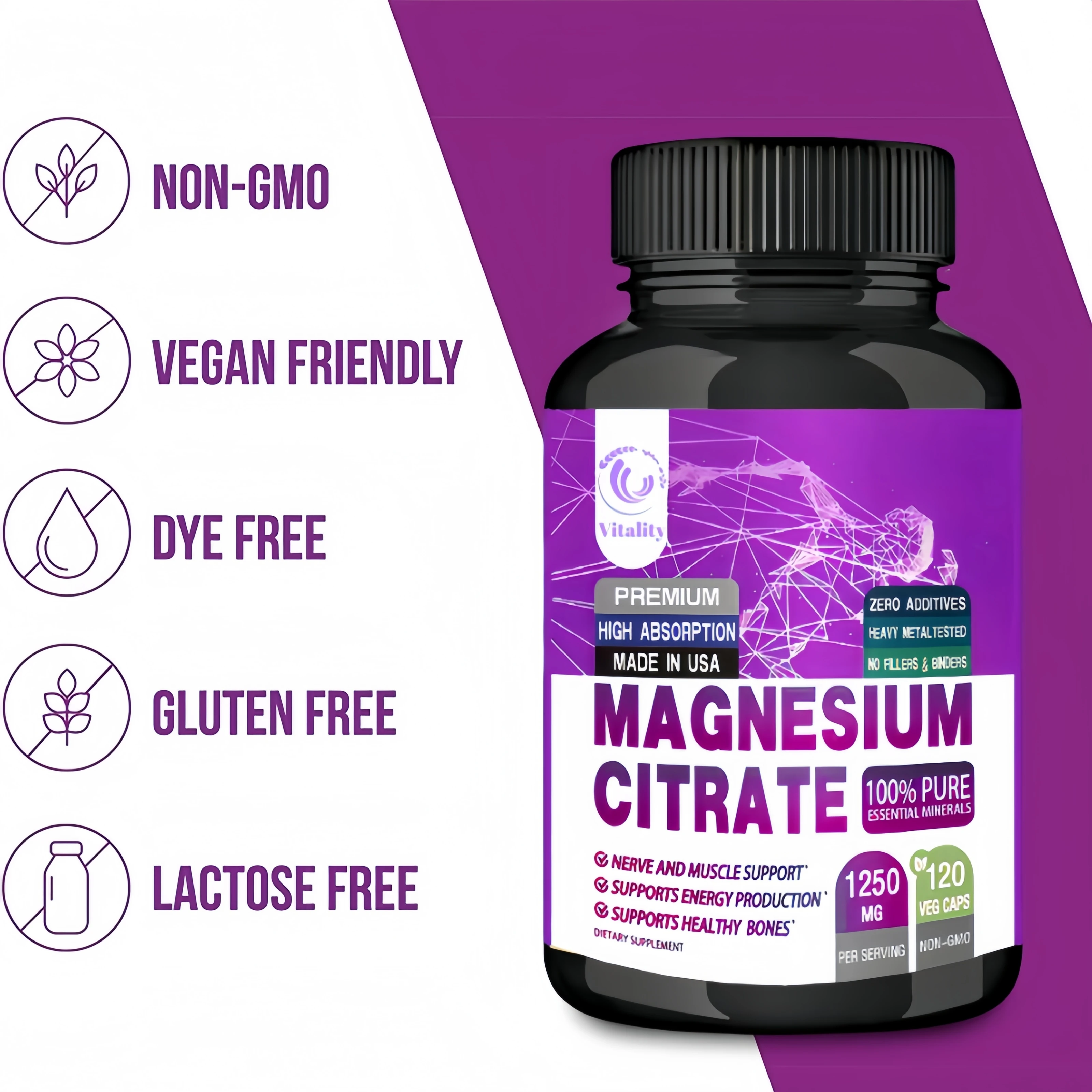 Magnesium Citrate 1250 Mg - Easily Absorbed, Purified Trace Mineral - Muscle, Nerve and Energy Support, Non-GMO