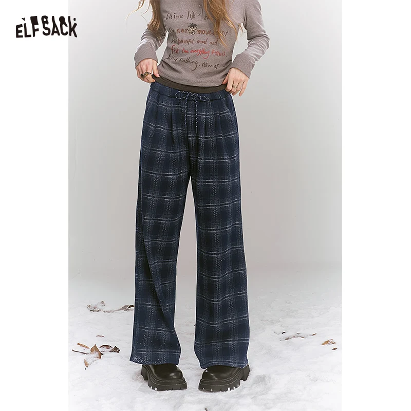 

ELFSACK Y2K Casual Loose Plaid Tie Floor Length Pants For Women