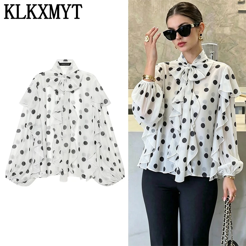 KLKXMYT Schickes Polka-Dot-Print Damenhemd Locker Langarm Elegante Bluse Mode 2026 Sommer Rüschen Damenhemden Tops