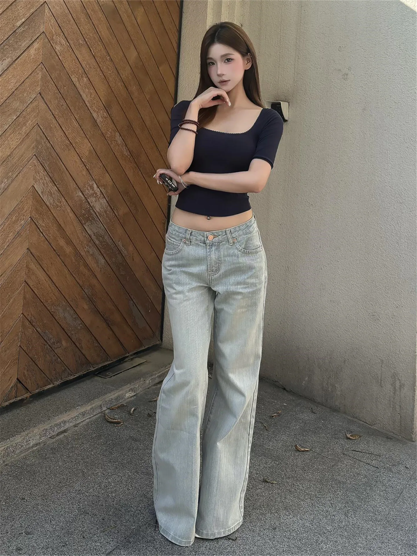 

Американские джинсы с низкой талией и расклешенными штанинами, женские свободные длинные повседневные хлопковые брюки, широкие брюки с высокой талией, весна-осень