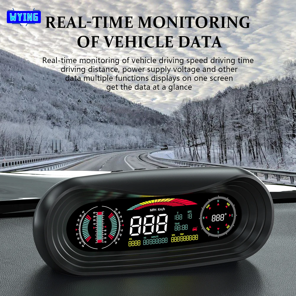 

WYING P18 GPS HUD Car Tilt Angle Head Up Display LCD Digital Altitude Vehicle Speed Mileage Time Latitude Longitude Projector